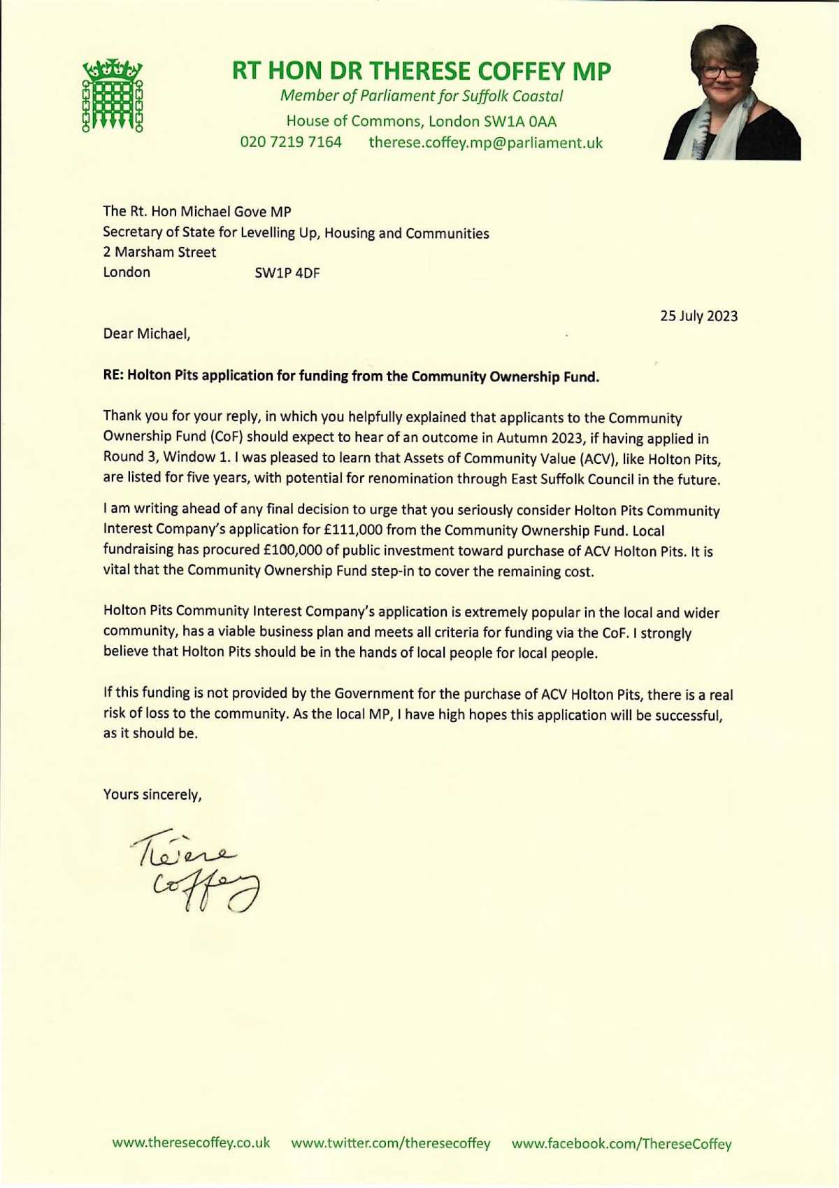 Thérèse Coffey MP – Letter of support